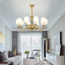 Luksuriøs Rustikk Retro Vintage Messing Keramikk Anhengslys Lysekrone Med Stoffskjermer