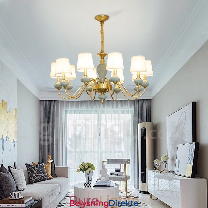 Luksuriøs Rustikk Retro Vintage Messing Keramikk Anhengslys Lysekrone Med Stoffskjermer
