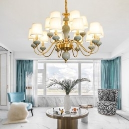 Luksuriøs Rustikk Retro Vintage Messing Keramikk Anhengslys Lysekrone Med Stoffskjermer