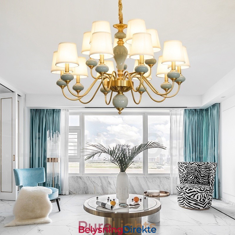 Luksuriøs Rustikk Retro Vintage Messing Keramikk Anhengslys Lysekrone Med Stoffskjermer