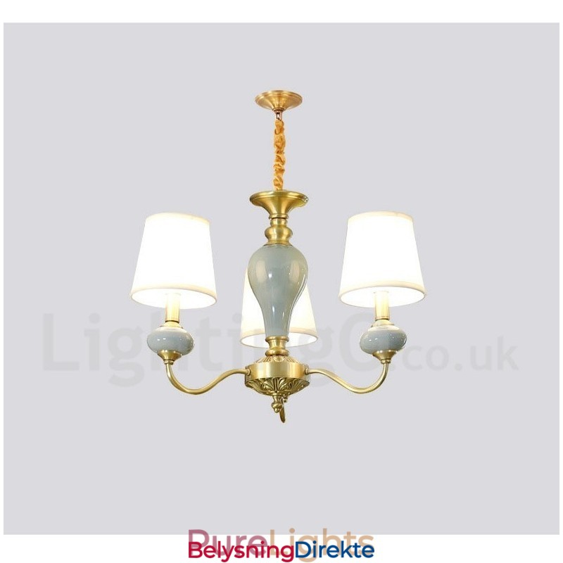 Luksuriøs Rustikk Retro Vintage Messing Keramikk Anhengslys Lysekrone Med Stoffskjermer