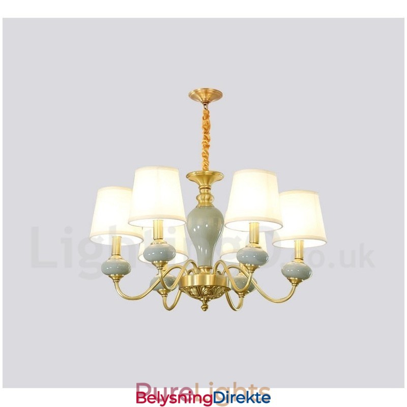 Luksuriøs Rustikk Retro Vintage Messing Keramikk Anhengslys Lysekrone Med Stoffskjermer