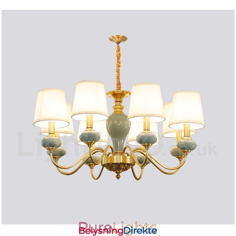 Luksuriøs Rustikk Retro Vintage Messing Keramikk Anhengslys Lysekrone Med Stoffskjermer