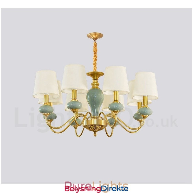 Luksuriøs Rustikk Retro Vintage Messing Keramikk Anhengslys Lysekrone Med Stoffskjermer