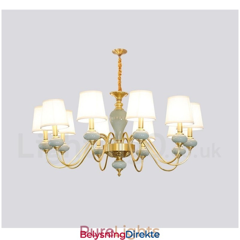 Luksuriøs Rustikk Retro Vintage Messing Keramikk Anhengslys Lysekrone Med Stoffskjermer