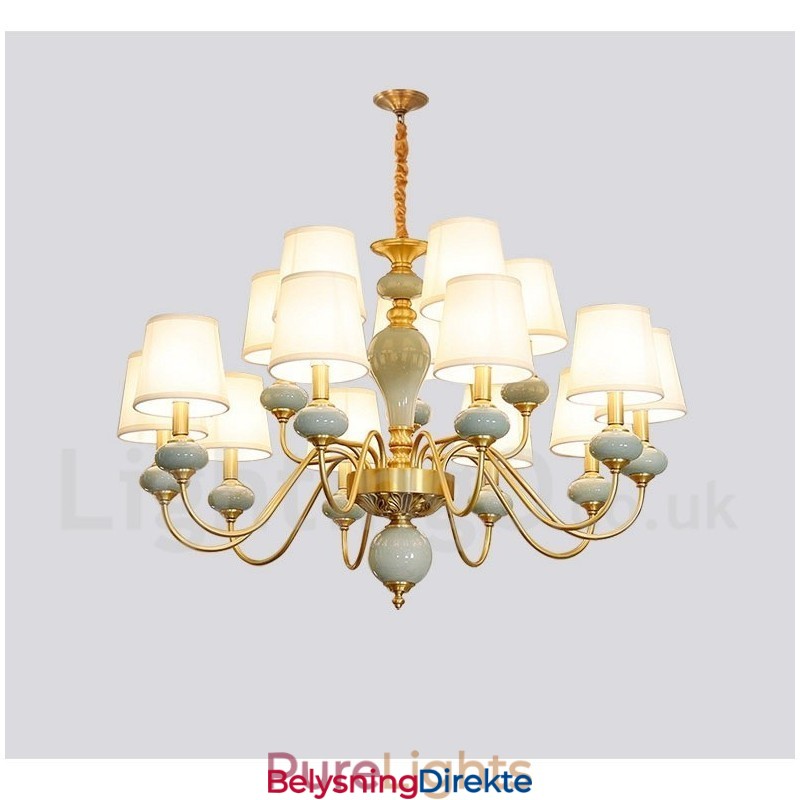 Luksuriøs Rustikk Retro Vintage Messing Keramikk Anhengslys Lysekrone Med Stoffskjermer