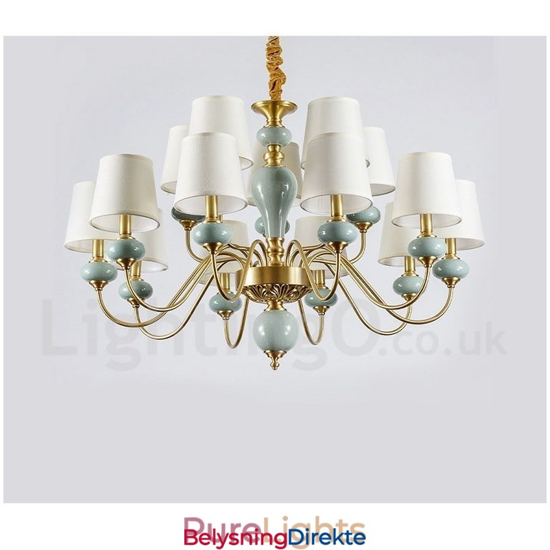 Luksuriøs Rustikk Retro Vintage Messing Keramikk Anhengslys Lysekrone Med Stoffskjermer