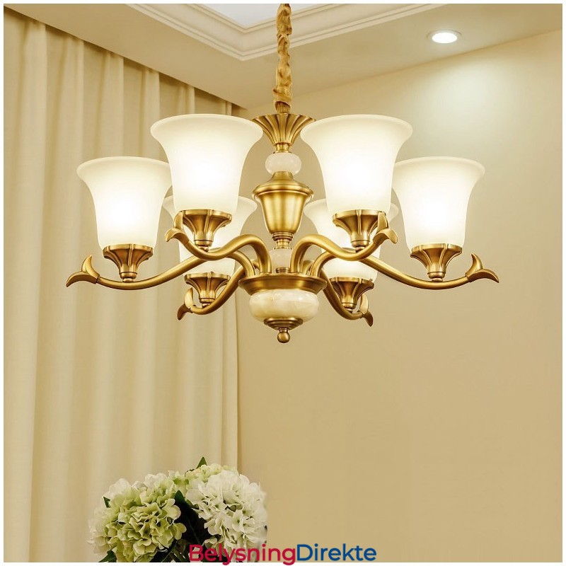 Luksuriøs Rustikk Retro Vintage Messing Stein Anhengslysekrone Med Glassskjermer I Ren Messing