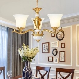 Luksuriøs Rustikk Retro Vintage Messing Stein Anhengslysekrone Med Glassskjermer I Ren Messing