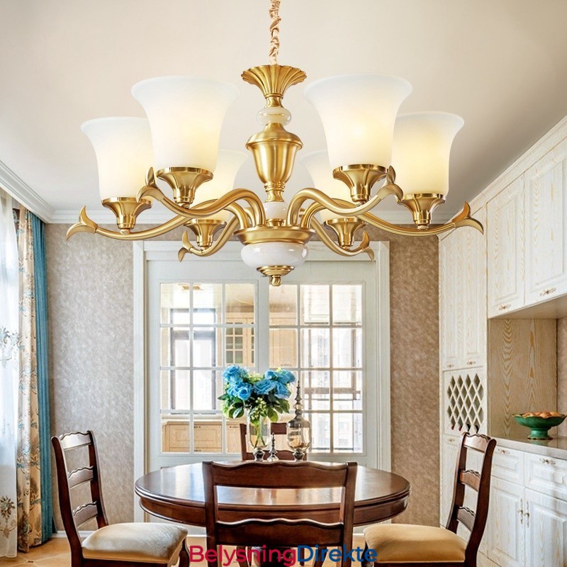 Luksuriøs Rustikk Retro Vintage Messing Stein Anhengslysekrone Med Glassskjermer I Ren Messing