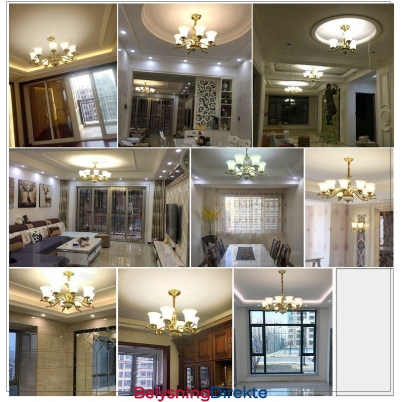 Luksuriøs Rustikk Retro Vintage Messing Stein Anhengslysekrone Med Glassskjermer I Ren Messing