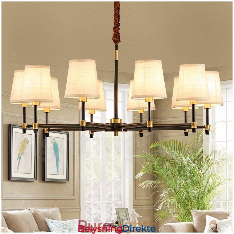 Stor, Luksuriøs, Rustikk, Retro Vintage-Lysekrone I Messing Med Stoffskjermer