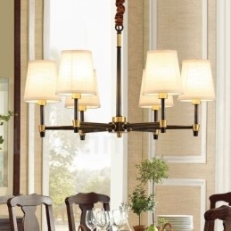 Stor, Luksuriøs, Rustikk, Retro Vintage-Lysekrone I Messing Med Stoffskjermer