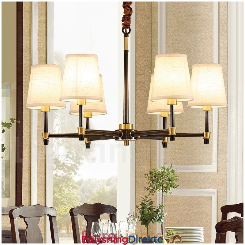 Stor, Luksuriøs, Rustikk, Retro Vintage-Lysekrone I Messing Med Stoffskjermer
