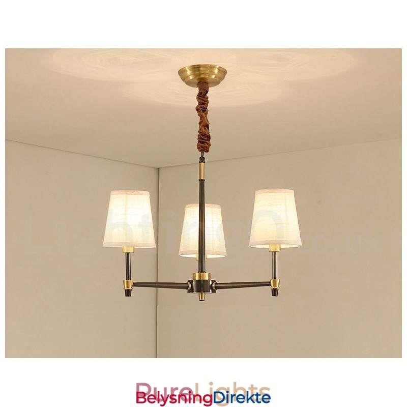 Stor, Luksuriøs, Rustikk, Retro Vintage-Lysekrone I Messing Med Stoffskjermer