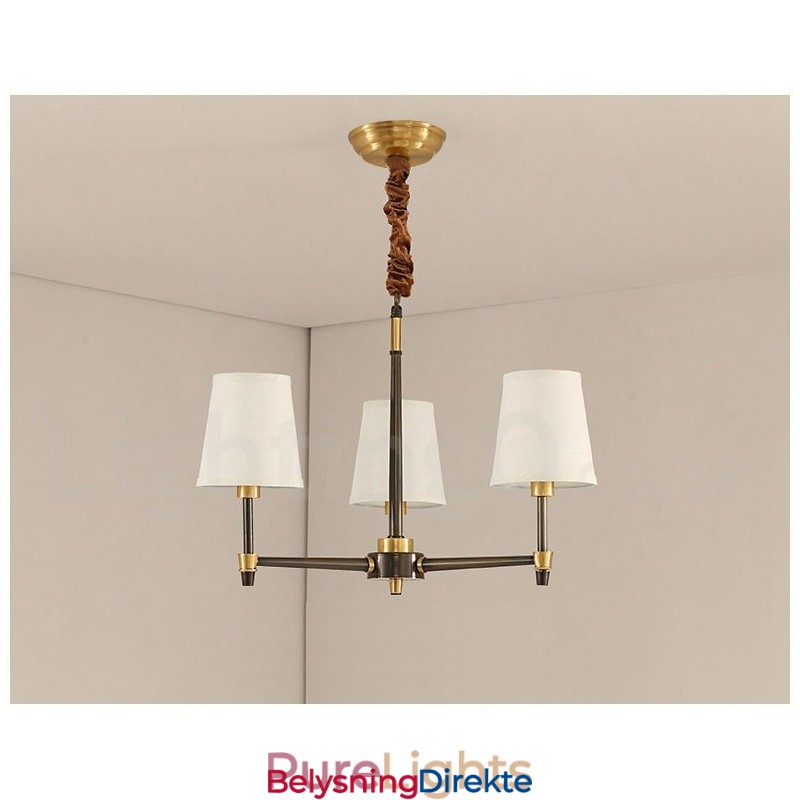 Stor, Luksuriøs, Rustikk, Retro Vintage-Lysekrone I Messing Med Stoffskjermer