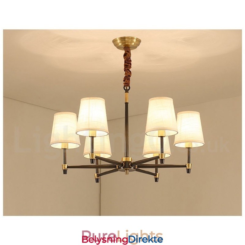 Stor, Luksuriøs, Rustikk, Retro Vintage-Lysekrone I Messing Med Stoffskjermer
