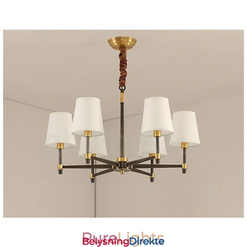 Stor, Luksuriøs, Rustikk, Retro Vintage-Lysekrone I Messing Med Stoffskjermer
