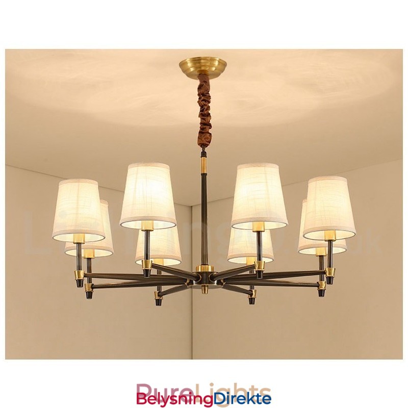 Stor, Luksuriøs, Rustikk, Retro Vintage-Lysekrone I Messing Med Stoffskjermer