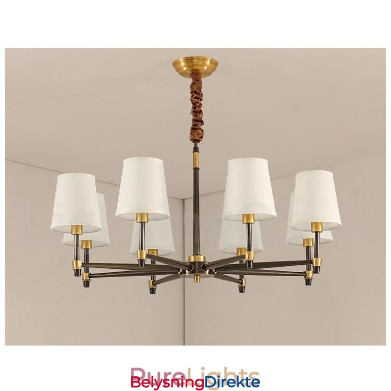 Stor, Luksuriøs, Rustikk, Retro Vintage-Lysekrone I Messing Med Stoffskjermer