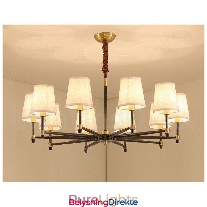 Stor, Luksuriøs, Rustikk, Retro Vintage-Lysekrone I Messing Med Stoffskjermer