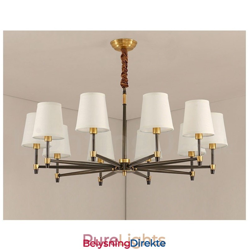Stor, Luksuriøs, Rustikk, Retro Vintage-Lysekrone I Messing Med Stoffskjermer