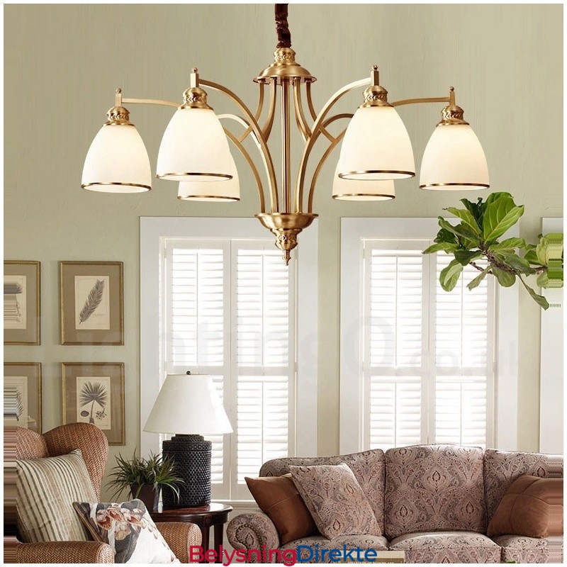 Stor, Luksuriøs, Rustikk, Retro Vintage-Lysekrone I Messing Med Glassskjermer