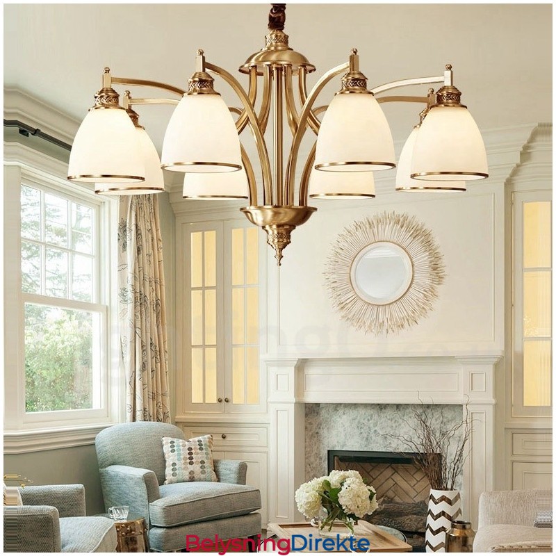 Stor, Luksuriøs, Rustikk, Retro Vintage-Lysekrone I Messing Med Glassskjermer