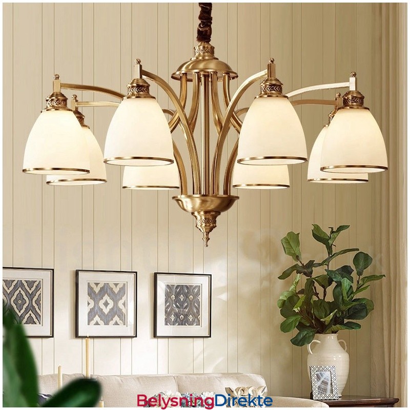 Stor, Luksuriøs, Rustikk, Retro Vintage-Lysekrone I Messing Med Glassskjermer