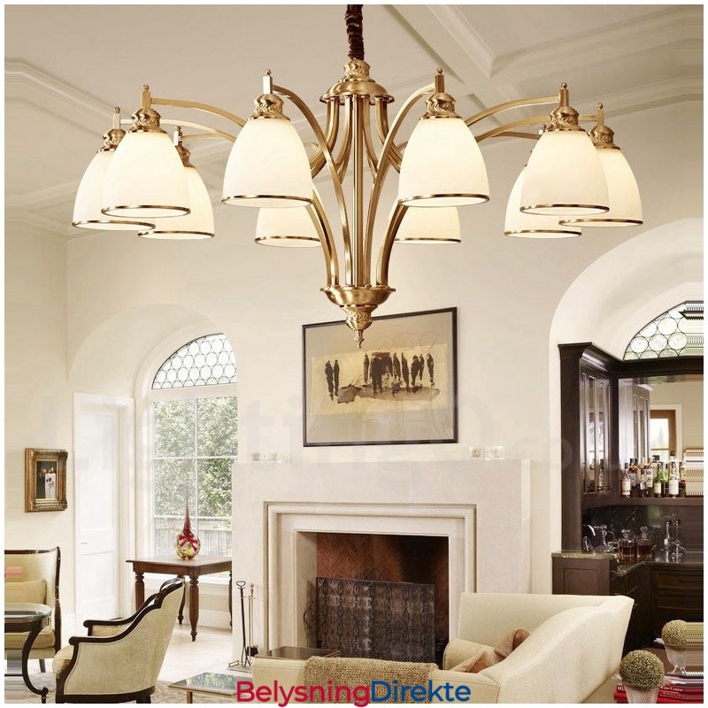 Stor, Luksuriøs, Rustikk, Retro Vintage-Lysekrone I Messing Med Glassskjermer