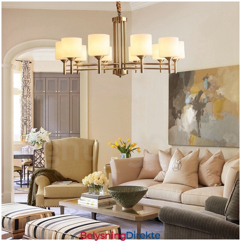 Stor, Luksuriøs, Rustikk, Retro Vintage-Lysekrone I Messing Med Glassskjermer