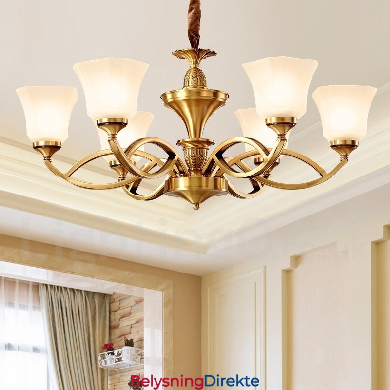 Stor, Luksuriøs, Rustikk, Retro Vintage-Lysekrone I Messing Med Glassskjermer