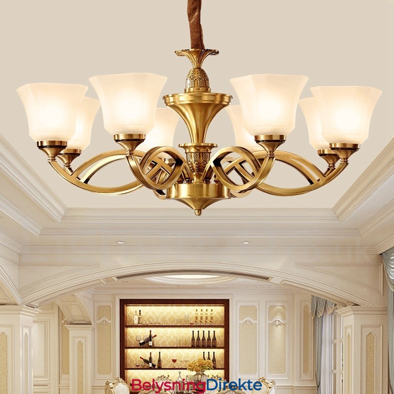 Stor, Luksuriøs, Rustikk, Retro Vintage-Lysekrone I Messing Med Glassskjermer