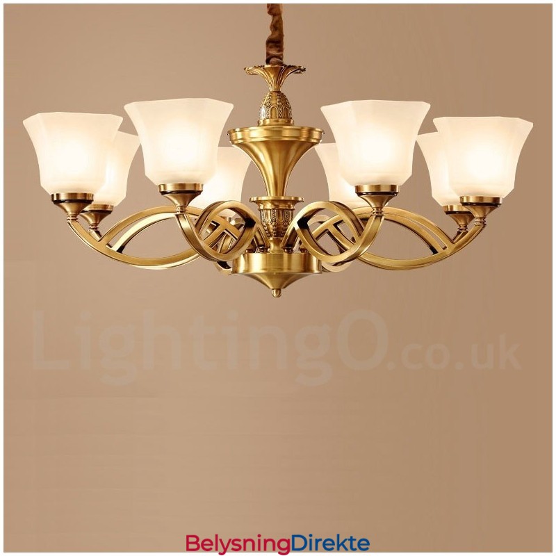 Stor, Luksuriøs, Rustikk, Retro Vintage-Lysekrone I Messing Med Glassskjermer