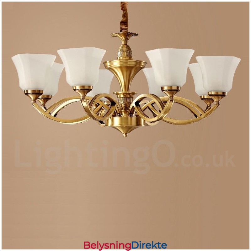 Stor, Luksuriøs, Rustikk, Retro Vintage-Lysekrone I Messing Med Glassskjermer