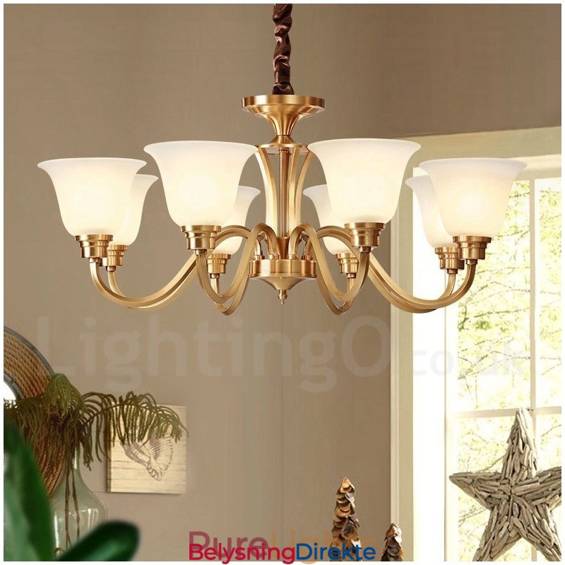 Stor, Luksuriøs, Rustikk, Retro Vintage, Anhengslysekrone I Massiv Messing Med Glassskjermer