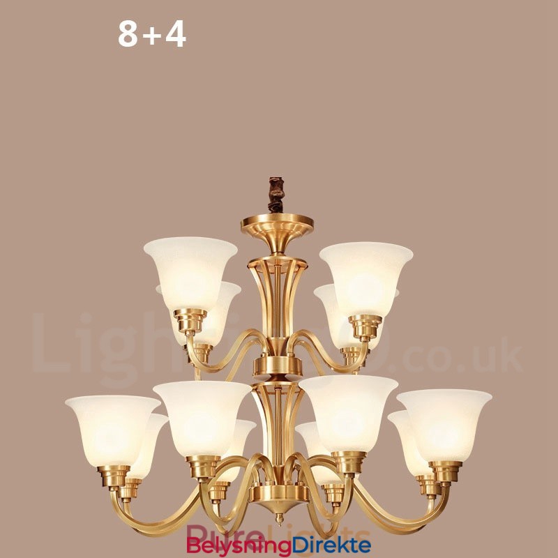 Stor, Luksuriøs, Rustikk, Retro Vintage, Anhengslysekrone I Massiv Messing Med Glassskjermer