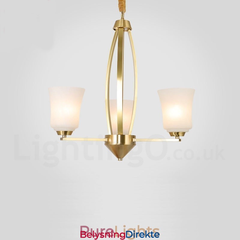 Stor, Luksuriøs, Rustikk, Retro Vintage-Lysekrone I Messing Med 3 Lys, Glassskjermer