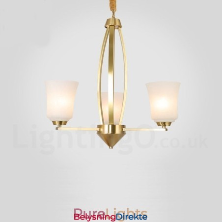 Stor, Luksuriøs, Rustikk, Retro Vintage-Lysekrone I Messing Med 3 Lys, Glassskjermer