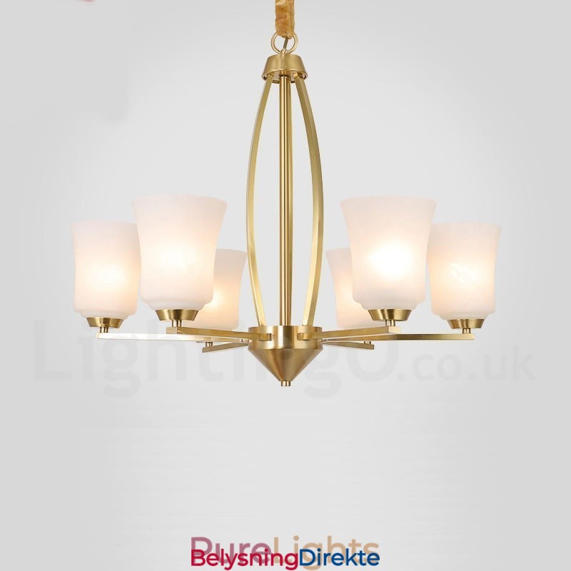 Stor, Luksuriøs, Rustikk, Retro Vintage-Lysekrone I Messing Med 6 Lys, Glassskjermer