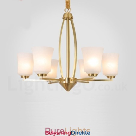 Stor, Luksuriøs, Rustikk, Retro Vintage-Lysekrone I Messing Med 6 Lys, Glassskjermer