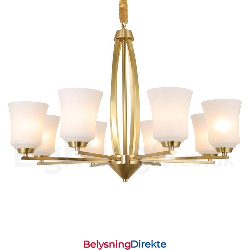 Stor, Luksuriøs, Rustikk, Retro Vintage-Lysekrone I Messing Med 8 Lys, Glassskjermer