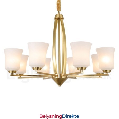 Stor, Luksuriøs, Rustikk, Retro Vintage-Lysekrone I Messing Med 8 Lys, Glassskjermer