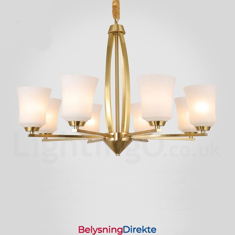 Stor, Luksuriøs, Rustikk, Retro Vintage-Lysekrone I Messing Med 8 Lys, Glassskjermer