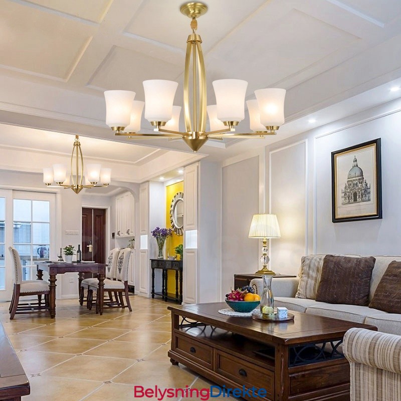 Stor, Luksuriøs, Rustikk, Retro Vintage-Lysekrone I Messing Med 8 Lys, Glassskjermer