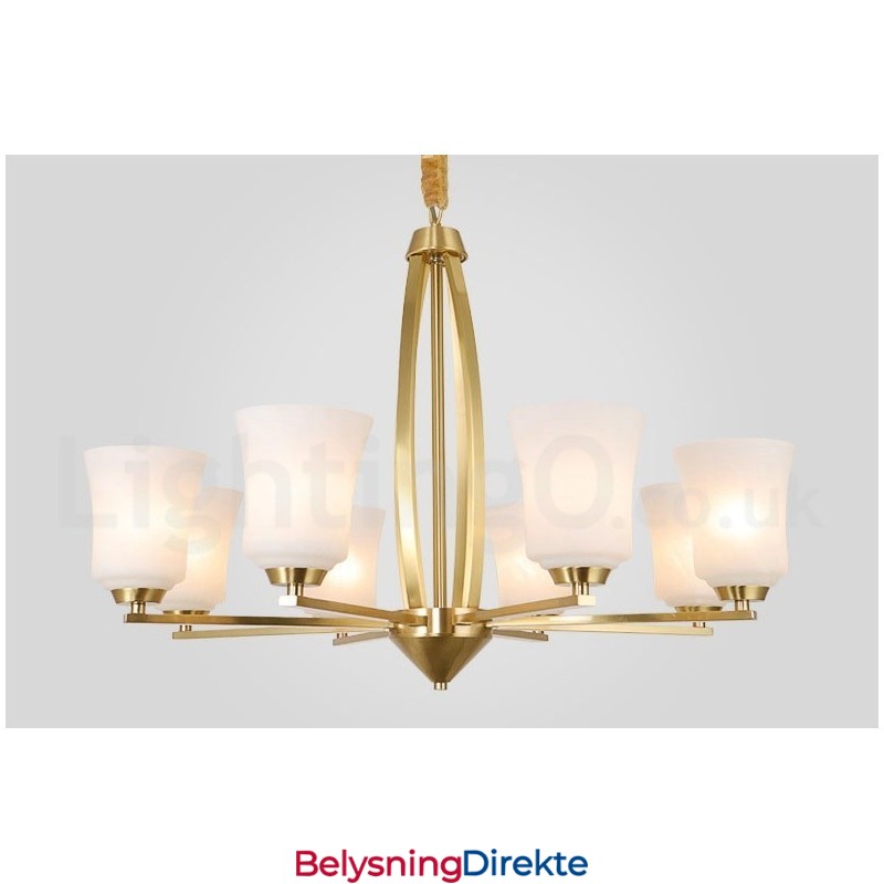 Stor, Luksuriøs, Rustikk, Retro Vintage-Lysekrone I Messing Med 8 Lys, Glassskjermer