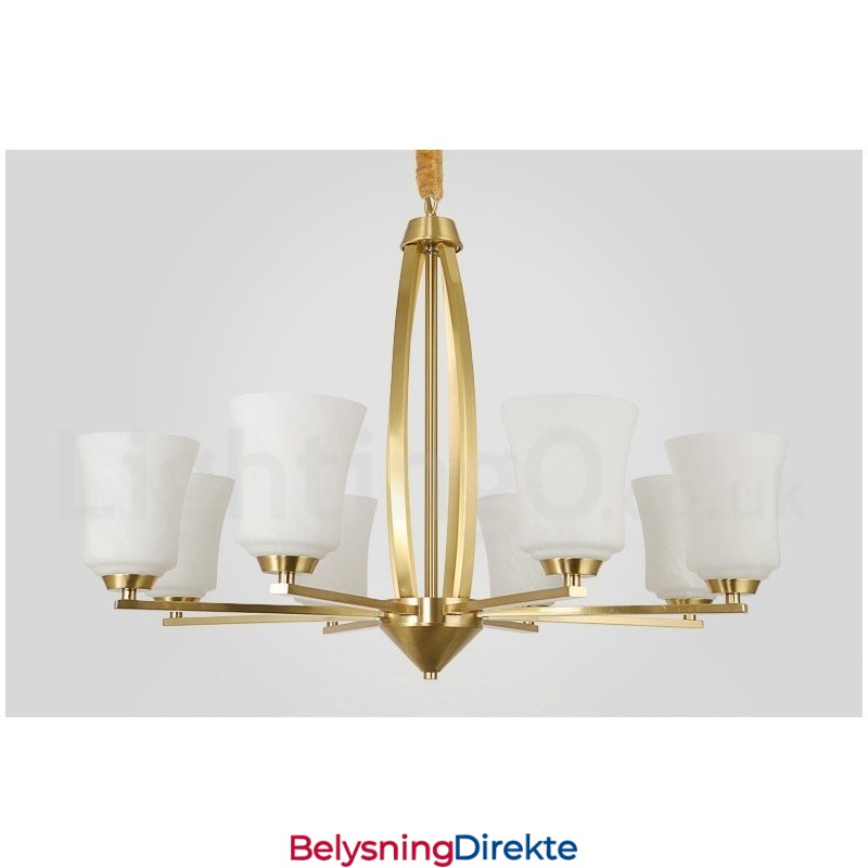 Stor, Luksuriøs, Rustikk, Retro Vintage-Lysekrone I Messing Med 8 Lys, Glassskjermer