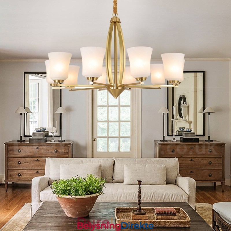 Retro Vintage Messing Anhengslysekrone Med Glassskjermer