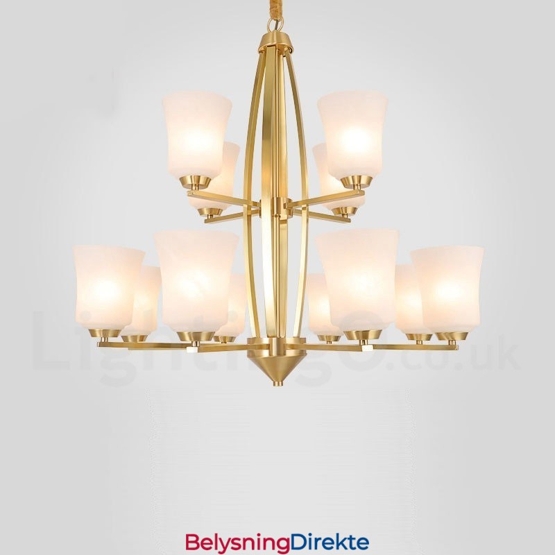 Stor, Luksuriøs, Rustikk, Retro Vintage-Lysekrone I Messing Med 12 Lys, Med Glassskjermer