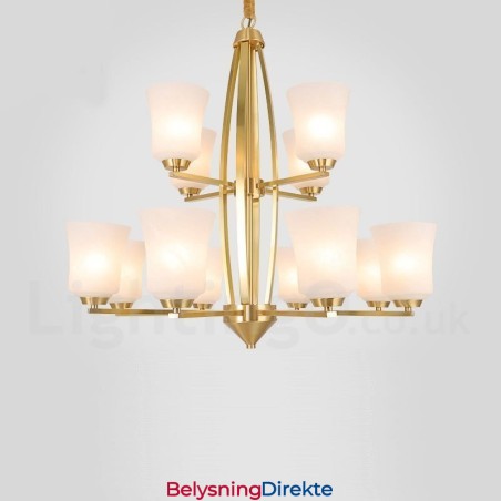 Stor, Luksuriøs, Rustikk, Retro Vintage-Lysekrone I Messing Med 12 Lys, Med Glassskjermer